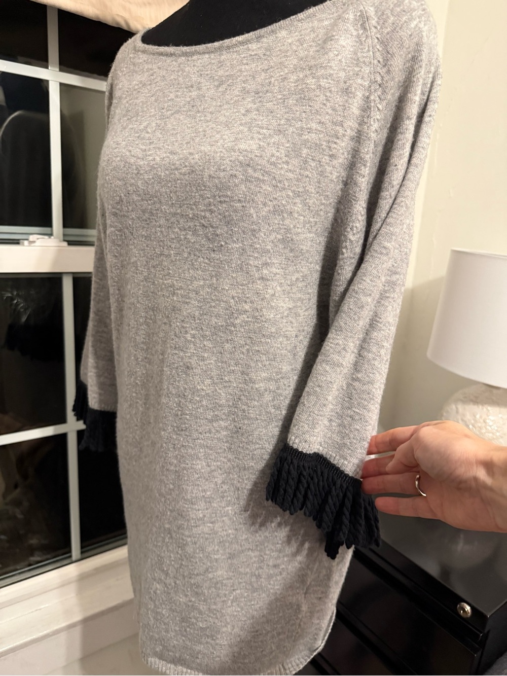 Ethereal by Paper Crane M Gray Wool Blend Fringe Cuff Sweater Dress